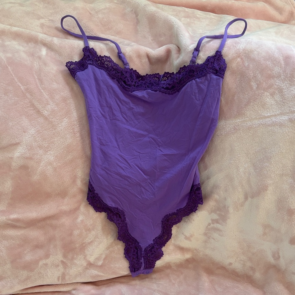 SKIMS Purple Lace-Trim Slip Bodysuit